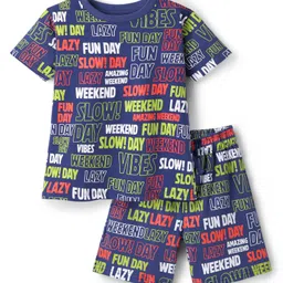Pine Kids Single Jersey Knit Half Sleeves Co-ords Shorts Night Suit With Text Print - Navy Blue-picture-26