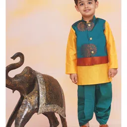 KID1 Silk Woven Full Sleeves Kurta Dhoti With Peacock Foil Printed Jacket Set - Green & Yellow-picture-18