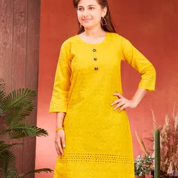 Aarika Cotton Woven Three Fourth Sleeves Abstract Embroidered Kurti - Yellow-picture-10