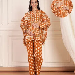 Shades Of Sabi Cotton Woven Full Sleeves Spade Printed Coordinating Maternity Top With Side Zipper Nursing Access & Trousers Set - Rust image 1