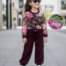 OLLINGTON ST. Mesh Full Sleeves Floral Printed Jacket & Inner Rib Top and Waffle Jogger - Multicolor & Brown-picture-36