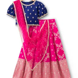 Pine Kids Woven Half Sleeves Choli Lehenga & Dupatta Set With Floral Foil Embroidered & Printed - Navy Blue & Pink-picture-10