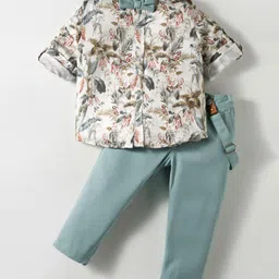 ToffyHouse Cotton Woven Full Sleeves Floral Printed Shirt & Pant Set With Bow & Suspender - Teal Blue-picture-14