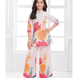 Ministitch Cotton Blend Woven Three Fourth Sleeves Floral Printed Kurti & Palazzo Set - White-picture-12