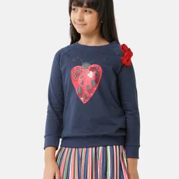 Under Fourteen Only Full Sleeves Ladybug Foil Printed Bow Applique Detailed Light Winter Sweatshirt - Navy Blue-picture-13