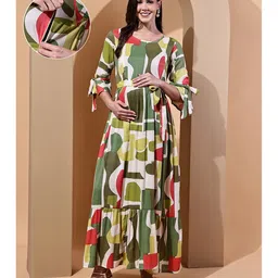 Moms Maternity Cotton Woven Three Fourth Sleeves Geomatric Printed Maternity Dress With Concealed Front Zippers Nursing Access - Green-picture-22