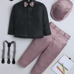 Fourfolds Cotton Woven Full Sleeves Solid Shirt & Trouser With Cap Suspender & Bow Set - Mauve-picture-13