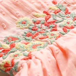Babyhug Cotton Woven Puffed Sleeves Front Open Frock with Floral Embroidery - Pink image 3