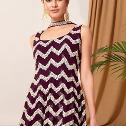 PARROT CREATION Chevron Embroidered Sequinned Georgette Kurti With Sharara And Dupatta image 5