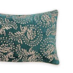 Pure Home and Living Teal Velvet Zari Embroidered Rectangular Cushion Cover image 5