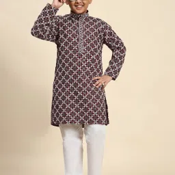 Pro-Ethic Style Developer Boys Maroon & White Embroidered Full Sleeves Kurta with Pyjamas image 5