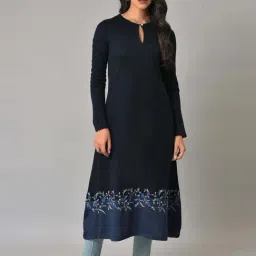 W Navy Floral Print A Line Winter Kurta-image-77