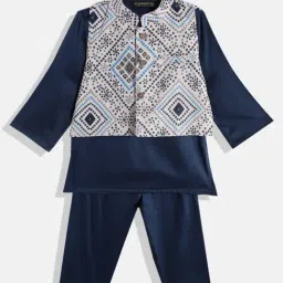 READIPRINT FASHIONS Kids Navy with Grey Printed Full Sleeves Kurta, Pyjamas with Nehru Jacket-picture-18