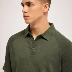 The Bear House Green Cotton Regular Fit Self Pattern Polo T-Shirt image 5