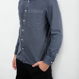 celio celio* Blue Storm Solid Regular Fit Cotton Denim Shirt image 5
