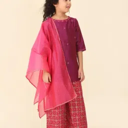 Fabindia Kids Magenta Embroidered Kurta, Plazzos with Dupatta image 3