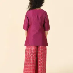 Fabindia Kids Magenta Embroidered Kurta, Plazzos with Dupatta image 2