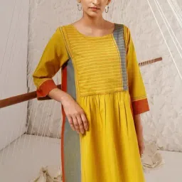 Jaypore Mustard Yellow Striped Hand Woven Flare Fit Tunic image 3