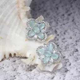 Zeneme Rhodium Plated Silver Green Crystal AD Studded Floral Shaped Stud Earrings-image-62