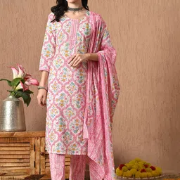 Anouk Floral Printed Gotta Patti Pure Cotton Straight Kurta With Trouser And Dupatta-image-25