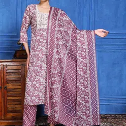 Meena Bazaar Floral Printed Round Neck Straight Kurta With Trousers & Dupatta-image-73