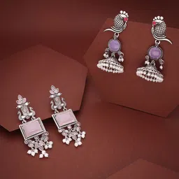 Sangria Set Of 2 Silver-Plated Artificial Stones Studded and Beads Beaded Drop Earrings-picture-37