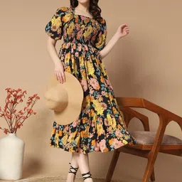 Femvy Floral Printed Puff Sleeve Smocked Detail Fit & Flare Midi Dress-image-77