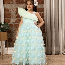 Ministitch One Shoulder Ruffled Detailed & 3D Flower Applique Embellished Fit & Flare Shimmer Gown - Sky Blue-picture-47