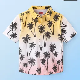 Babyhug 100% Cotton Knit Half Sleeves Shirt Tropical Print - Yellow & Pink image 1