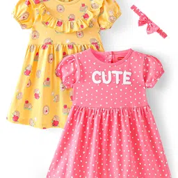 Babyhug Cotton Jersey Knit Half Sleeves Frock with Headband Heart and Porcupine PrintPack of 2 - Pink & Yellow-image-21