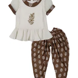 Young Birds Half Sleeves Floral Printed Peplum Top With Dhoti Pant - Brown-picture-23