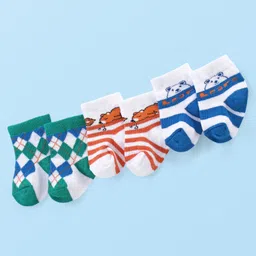 Cute Walk by Babyhug Anti-bacterial Ankle Length Striped & Animal Design Socks Pack of 3 - Blue Green & White-picture-23