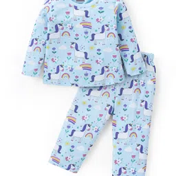 Babyhug Cotton Knit Full Sleeves Night Suit With Unicorn & Floral Print - Blue-picture-17