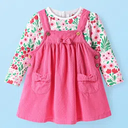 Babyhug Cotton Woven Frock & Full Sleeves Inner Tee With Floral Print & Bow Applique - Light Pink-picture-12