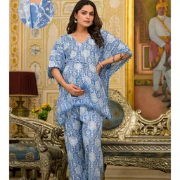 Aujjessa Cotton Batwing Sleeves Floral Printed & Lace Embellished Maternity Feeding Night Suit with Concealed Zipper Nursing AccessLight Blue-image-71