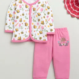 BUMZEE Cotton Full Sleeves Honey BeesPrinted Jhabla & Joggers Set - White & Pink-picture-16