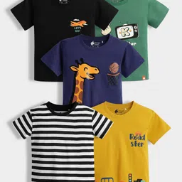 Orange Sugar 100% Cotton Knit Pack Of 5 Half Sleeves Giraffe Printed & Black Striped Tees - Multi Colour-picture-26