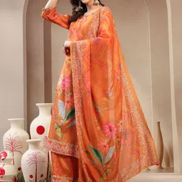 Sangria Floral Printed Notch Neck Mirror Work Kurta With Palazzos & Dupatta-image-42