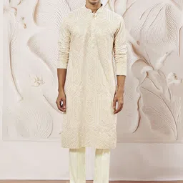 VASTRAMAY Men Ethnic Motifs Embroidered Regular Chikankari Kurta with Trousers-image-55
