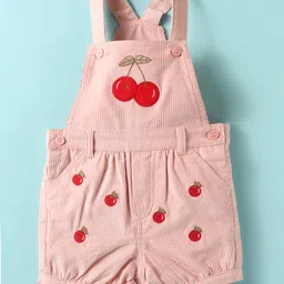 ToffyHouse Woven Dungaree & Half Sleeves Inner Tee With Cherry Embroidery & Print - Pink & White image 4