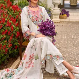 Indo Era Women Floral Embroidered Regular Thread Work Pure Cotton Kurta with Trousers & With Dupatta image 3