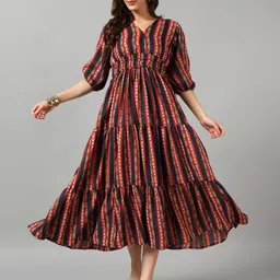 Raiyani Fashion Printed V-Neck Gathered Or Pleated Casual A-Line Midi Dress-image-94