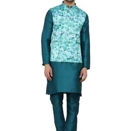 JEXI Mandarin Collar Pure Silk Kurta With Pyjama And Nehru Jacket-picture-33