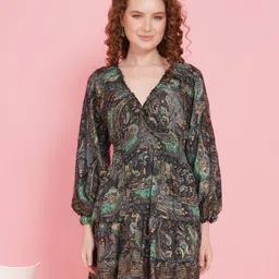 Boholyfe Women Kaia Enchanted Emerald Ethnic Motifs Printed Tiered Mini Empire Mini Dress-image-27