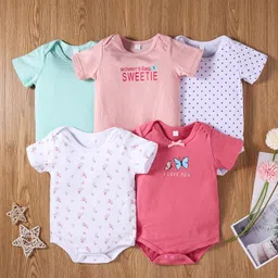 Kookie Kids Half Sleeves Onesie Floral Print Pack of 5 - Pink-picture-10