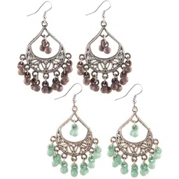 Creative Frogs Women Pack Of 2 Pair Beaded Oxidised Traditional Silver Dangler Earrings-image-44