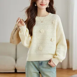 HERE&NOW Women Off white Solid Round Neck Sweaters-picture-13