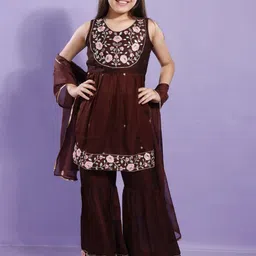 CurlyTales Girls Floral Embroidered Sequinned Anarkali Kurta With Sharara & Dupatta-picture-28