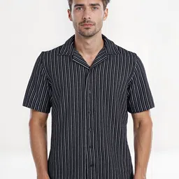 Celio Men Classic Regular Fit Vertical Striped Cuban Collar Cotton Casual Shirt-picture-27