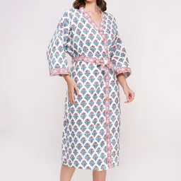 POORAK White Floral Printed Cotton Tie-Ups Knee Length Bath Robe Medium image 3